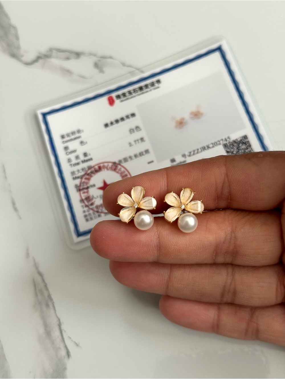 Elegant Gold Flower Certified Freshwater Pearl Drop Stud Earrings Cream Petals